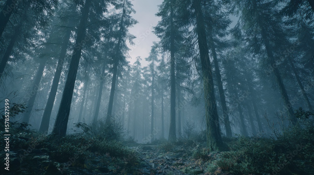Obraz premium Forest in heavy fog with eerie atmosphere
