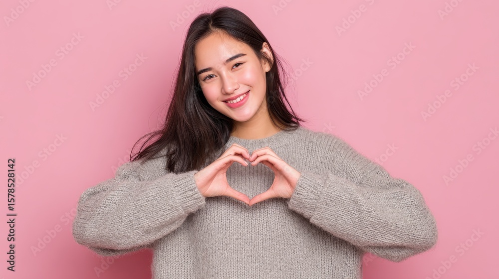 Attractive brunette young Asian woman feels happy and romantic shapes heart gesture expresses tender feelings wears casual jumper poses against pink background. People affection and care concept, no Attractive brunette young Asian woman feels happy and romantic shapes heart gesture expresses tender feelings wears casual jumper poses against pink background. People affection and care concept, no