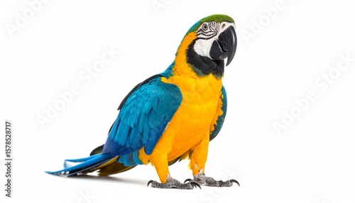Vivid blue-and-yellow macaw stands proudly on a clean white surface—radiating natural brilliance, exotic poise, and avian elegance.