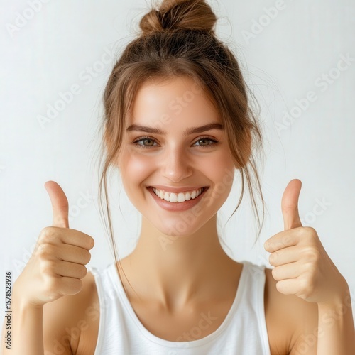 woman giving a thumbs up with both hands enthusiastic expression plain background close?up