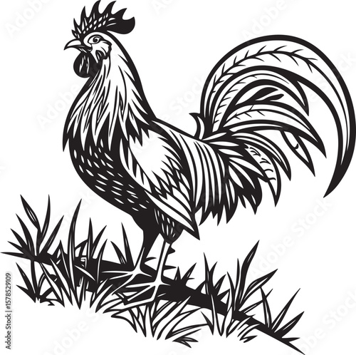 Intricate Black and White Line Art of a Rooster Standing in Grass 