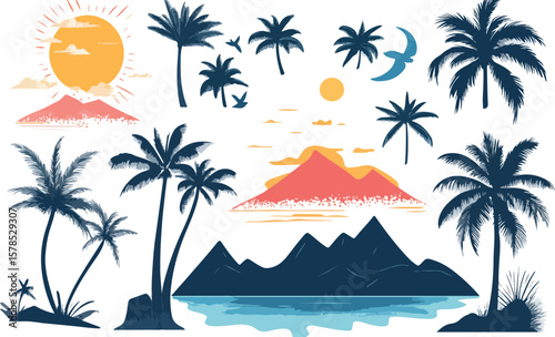 Tropical Island Landscape with Palm Trees Mountains Sun and Ocean