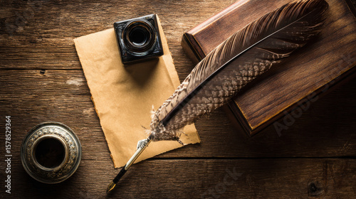 A vintage wooden desk featuring a feather quill and inkwell, illuminated by soft diffused natural light.
