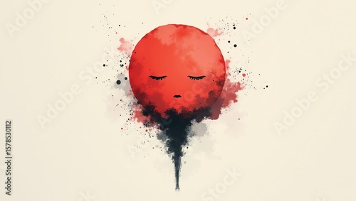 Emotional exhaustion and inner sadness concept represented by a red face with closed eyes and abstract smoke watercolor art