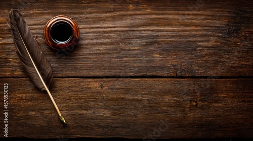 A vintage wooden desk featuring a feather quill and inkwell, illuminated by soft diffused natural light.
