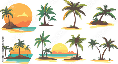 Tropical Palm Trees Set with Sunset and Beach Scenes Illustration