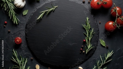 Round black slate board with fresh herbs and tomatoes