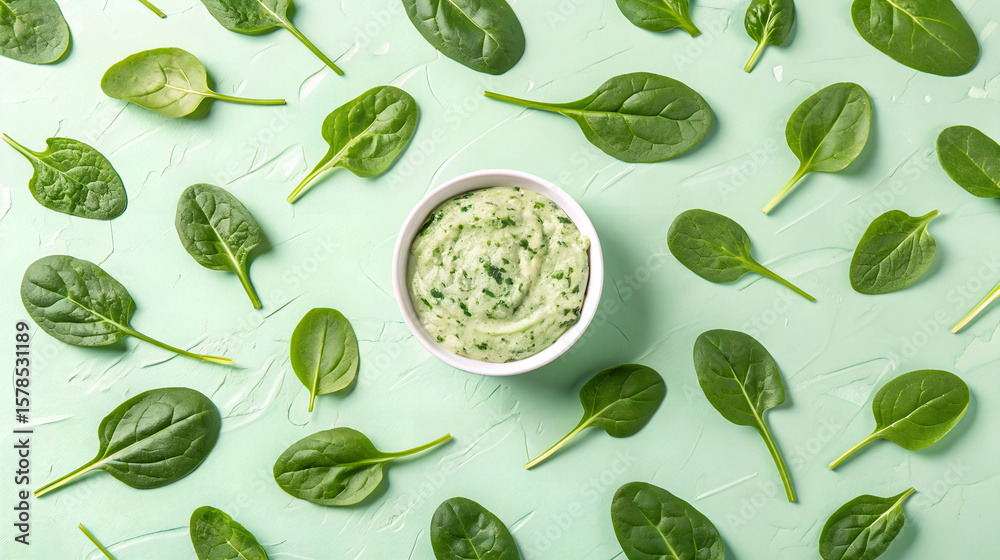 Vibrant Green Spinach Dip A Top-Down Flat Lay Food Photography Vibrant Green Spinach Dip A Top-Down Flat Lay Food Photography
