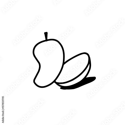 Simple black and white mango illustration isolated on white background, fruit design