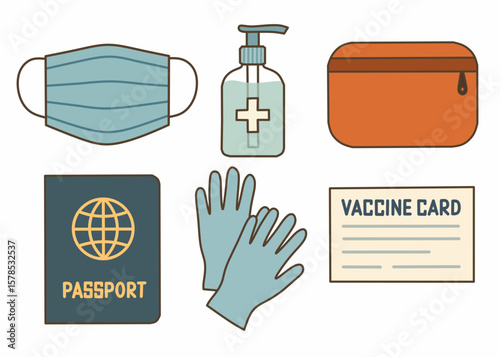 Set of essential post-pandemic travel safety items, like face mask, sanitizer, gloves, pouch, passport, and vaccine card. Ideal for health and travel themes.