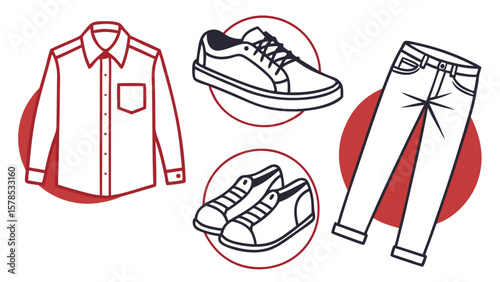 "Vector icons of clothing – shirt, collar, shoes, jeans – on white background"

