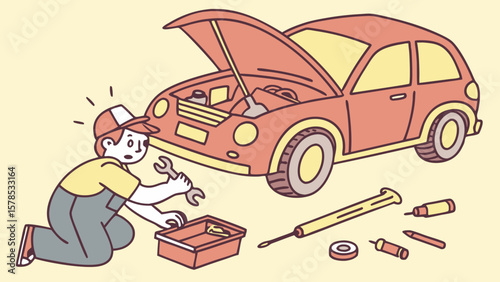 "Cartoon vector of mechanic fixing a car – with tools around"

