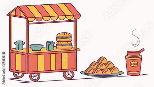 "Vector of street food cart – bun kabab, samosa, chai – Pakistani style"

