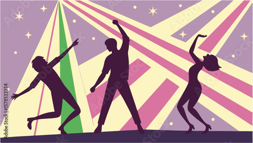 "Silhouette vector of people dancing at night party with DJ lights"

