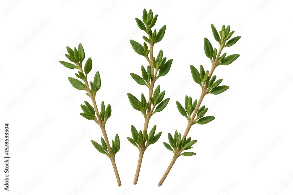 Fototapeta premium Sprigs of fresh thyme with small green leaves, isolated on a transparent background, ready for culinary or medicinal use