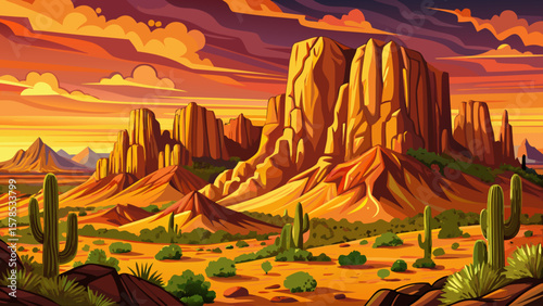 Beautiful sunset over Superstition Mountains in Arizona. Warm desert colors, rugged rock formations, glowing sky, iconic American Southwest landscape, scenic nature, peaceful golden hour view