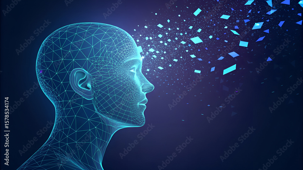 Obraz premium Digital Mind Profile View of a Human Head Rendered in Blue