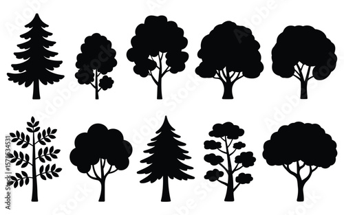A set of black tree silhouettes