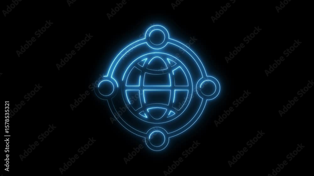 Glowing blue globe icon animation on black background represents global network connection
