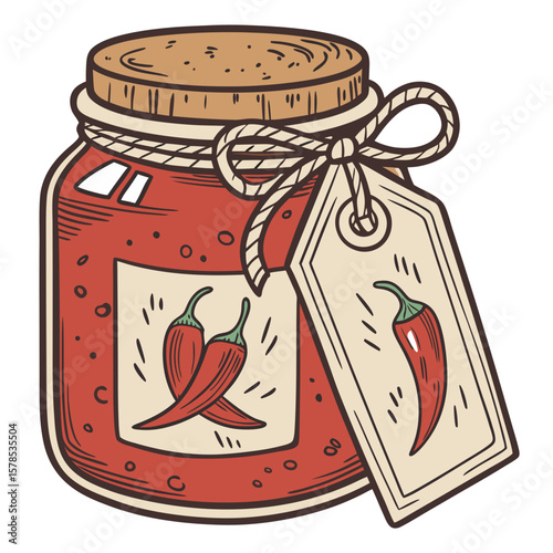Jar of Chili Sauce with Vibrant Red Texture, Hand-Drawn and Isolated. Perfect for: Lunar New Year, spicy food festivals, street food menus