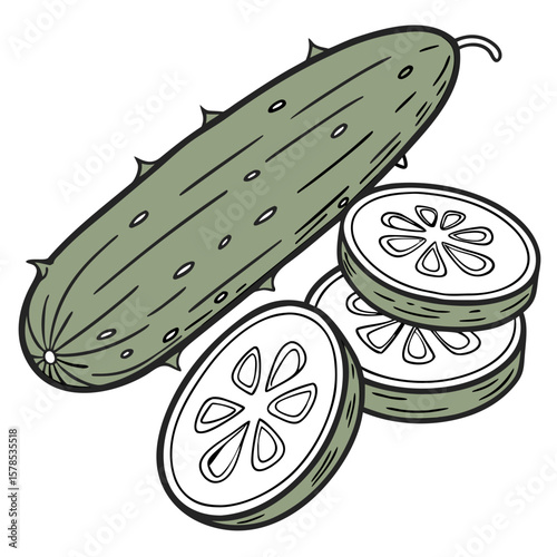 Hand-Drawn Whole and Sliced Cucumber Illustration with Clean Edges. Perfect for: Spa menus, summer salad promotions, vegan cuisine
