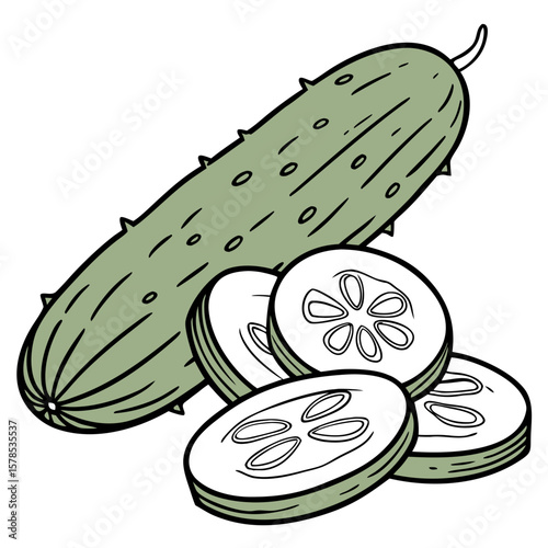 Hand-Drawn Whole and Sliced Cucumber Illustration with Clean Edges. Perfect for: Spa menus, summer salad promotions, vegan cuisine