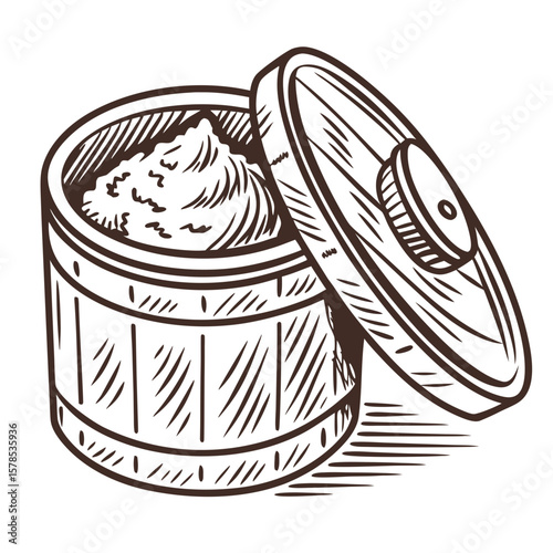 Miso Paste Container with Open Lid, Hand-Drawn Food Illustration. Perfect for: Japanese food festivals, wellness meal plans