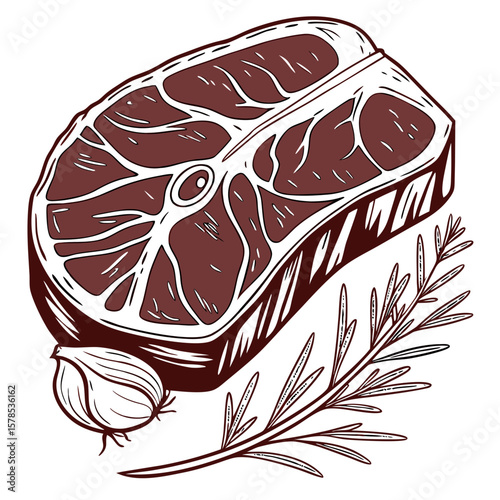 Raw Beef Steak with Marbling Details, Hand-Drawn Meat Illustration. Perfect for: BBQ festivals, Steak Night, American meat promotions