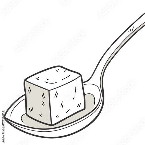 Soft Tofu on Spoon with Smooth Texture, Hand-Drawn Illustration. Perfect for: Vegan food campaigns, Japanese breakfast menus