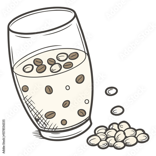 Soy Milk Glass with Soybeans, Hand-Drawn Healthy Drink Illustration. Perfect for: Vegan awareness month, plant-based nutrition ads