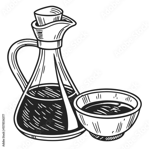 Soy Sauce Bottle with Clear Label and Glass Texture, Hand-Drawn Illustration. Perfect for: Asian restaurant menus, condiment promotions
