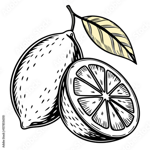 Whole and Sliced Lemon, Hand-Drawn Citrus Fruit Illustration. Perfect for: Summer drink ads, detox campaigns, citrus week