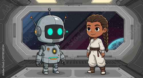 Cartoon scene features a child in a spaceship with a friendly robot looking out onto space, ideal for children's books.