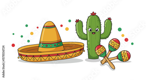 Festive elements showcase Mexican culture, featuring a sombrero, a cactus, and maracas for a lively Cinco de Mayo celebration.