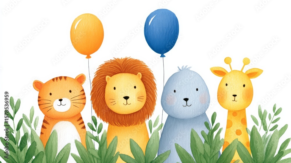 Naklejka premium Colorful Illustration of Four Cute Animal Characters with Balloons Celebrating a Special Occasion