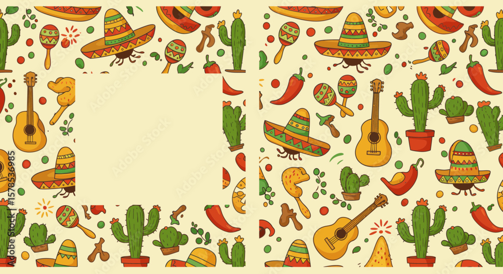 Celebrate Cinco de Mayo with this cheerful pattern featuring guitars, cactuses, sombreros, and maracas, perfect for festive backgrounds. Celebrate Cinco de Mayo with this cheerful pattern featuring guitars, cactuses, sombreros, and maracas, perfect for festive backgrounds.