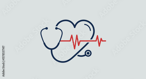 Heartbeat graphic with stethoscope forms a medical heart symbol representing healthcare and cardiology, ideal for clinics.