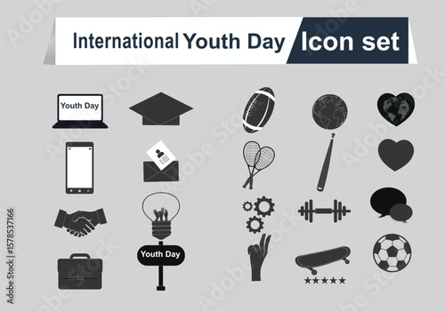 celebrating international Youth Day icon set. Showcasing various activities and symbols relevant to young people black sign silhouette vector illustration design.