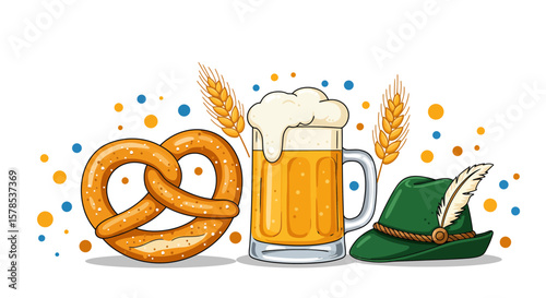 Celebrate Oktoberfest with a charming graphic featuring a pretzel, beer, and traditional Bavarian hat, perfect for themed designs.