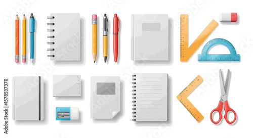 Collection of essential school supplies for students, educators, designers or anyone in need of creative tools and stationary items.
