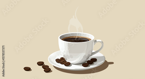 Warm cup of coffee design with aroma and scattered coffee beans, excellent for menus, logos or themed cafe decoration.