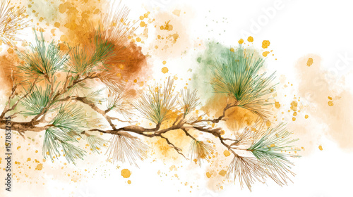 Artistic watercolor painting of a pine tree branch with lush green needles and warm autumnal splashes