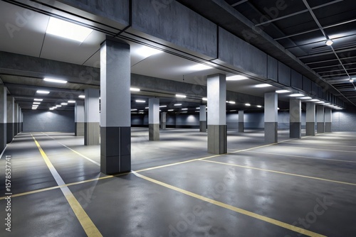 Empty parking garage with columns and lines for car storage, mockup