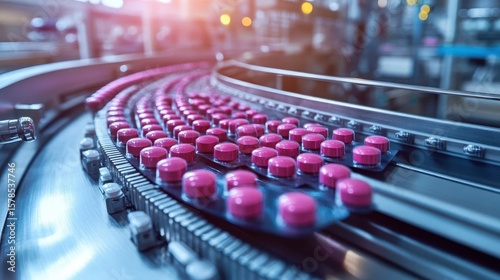 A bright pharmaceutical production line glowing with precise automation of medicine capsule packaging, sunlight streaming in
