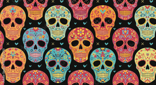 Colorful sugar skull seamless pattern for Dia de los Muertos celebrations offering a vibrant backdrop for festive designs.