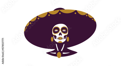 Elegant La Catrina graphic featuring a sombrero, suitable for day of the dead themes and related designs.