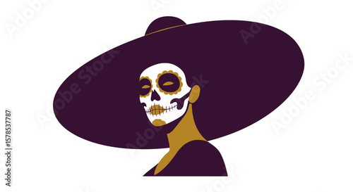 Elegant woman with a sugar skull face and big hat celebrates Dia de los Muertos, suitable for cultural event flyers.