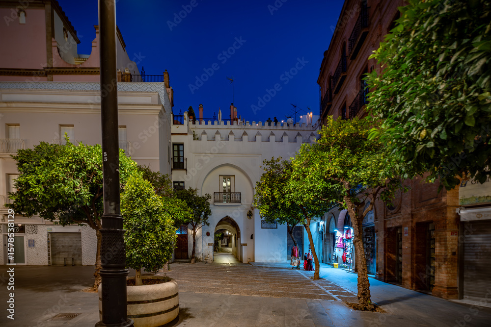 Naklejka premium Sevilla, España. 1 de julio de 2025. Las amplias calles arboladas cerca del centro histórico de Sevilla, España,