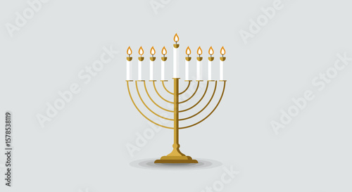 Golden menorah graphic with burning candles for Hanukkah festival, perfect for holiday themes and festive design projects.