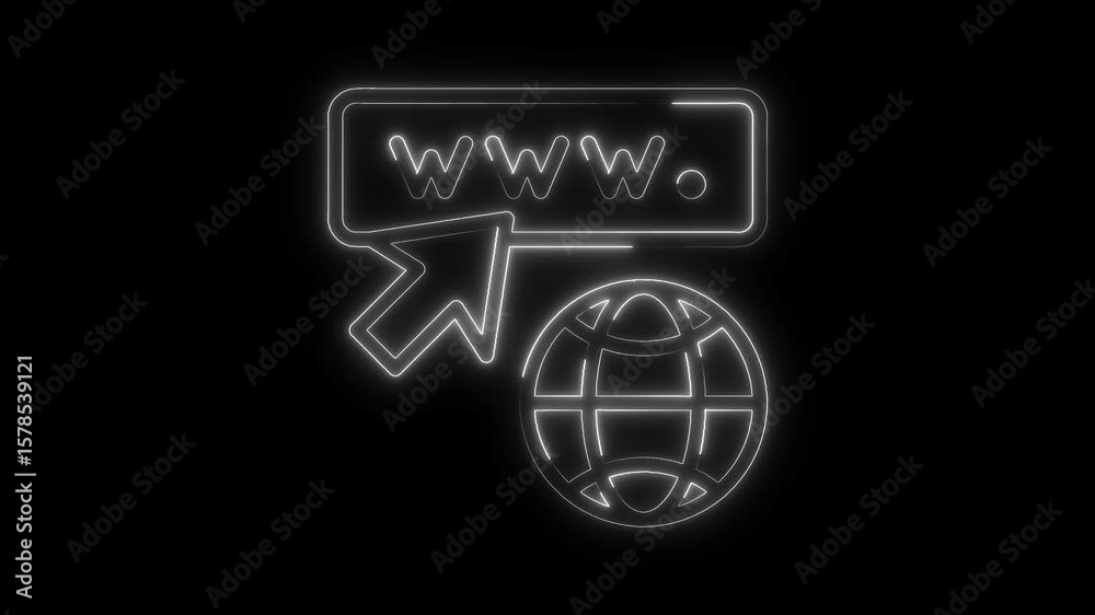 Neon website address and global network on black background for internet communication